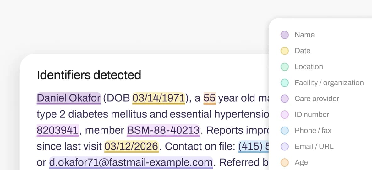 An Identifiers detected panel listing the categories found in a note.