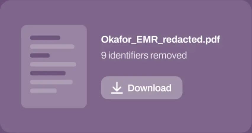 A redacted PDF card with a download button and an identifier count.